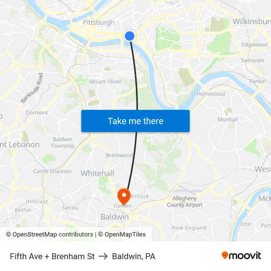 Fifth Ave + Brenham St to Baldwin, PA map