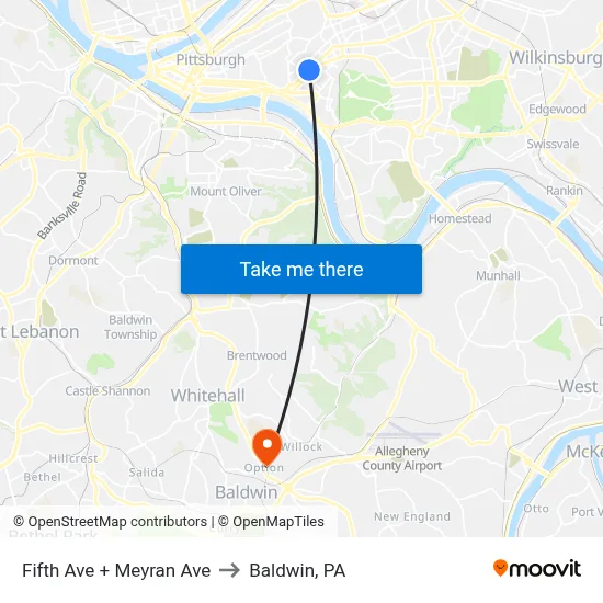 Fifth Ave + Meyran Ave to Baldwin, PA map