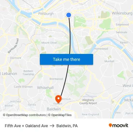Fifth Ave + Oakland Ave to Baldwin, PA map