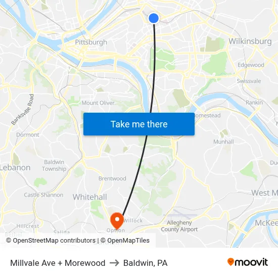 Millvale Ave + Morewood to Baldwin, PA map