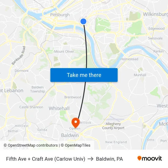 Fifth Ave + Craft Ave (Carlow Univ) to Baldwin, PA map