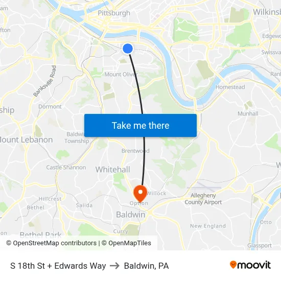 S 18th St + Edwards Way to Baldwin, PA map