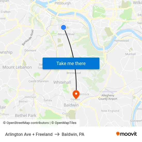 Arlington Ave + Freeland to Baldwin, PA map
