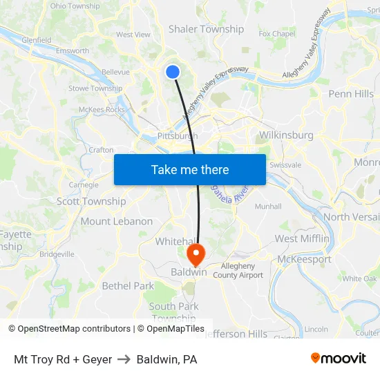 Mt Troy Rd + Geyer to Baldwin, PA map