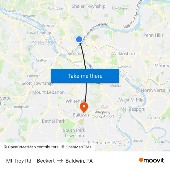 Mt Troy Rd + Beckert to Baldwin, PA map