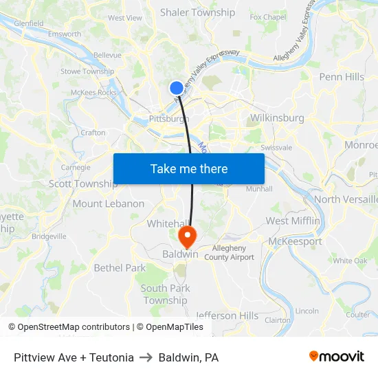 Pittview Ave + Teutonia to Baldwin, PA map