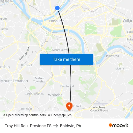 Troy Hill Rd + Province FS to Baldwin, PA map