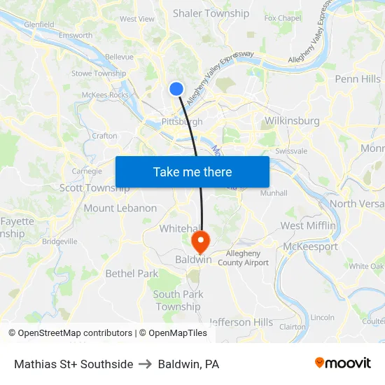 Mathias St+ Southside to Baldwin, PA map