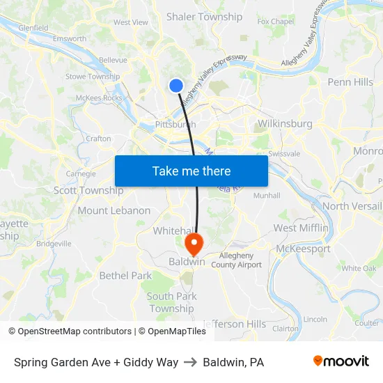 Spring Garden Ave + Giddy Way to Baldwin, PA map