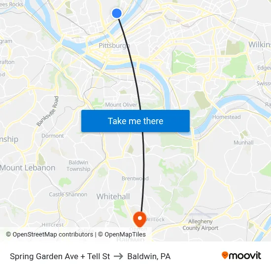 Spring Garden Ave + Tell St to Baldwin, PA map