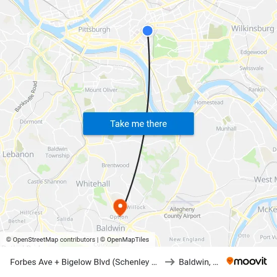 Forbes Ave + Bigelow Blvd (Schenley Dr) to Baldwin, PA map