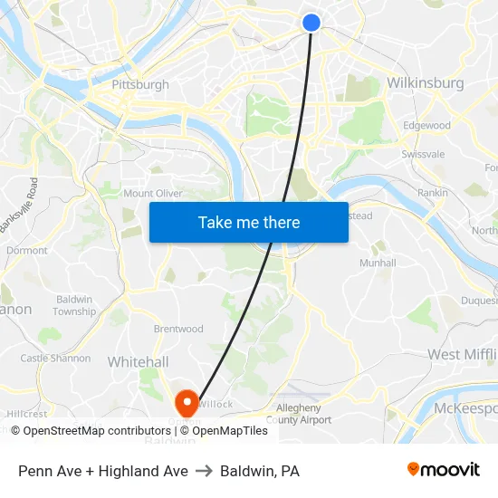 Penn Ave + Highland Ave to Baldwin, PA map
