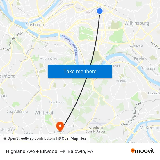 Highland Ave + Ellwood to Baldwin, PA map