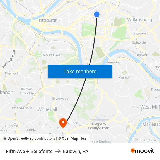 Fifth Ave + Bellefonte to Baldwin, PA map