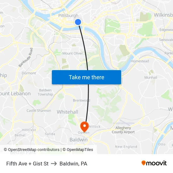 Fifth Ave + Gist St to Baldwin, PA map