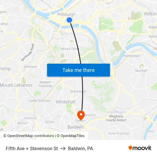 Fifth Ave + Stevenson St to Baldwin, PA map