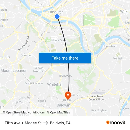 Fifth Ave + Magee St to Baldwin, PA map