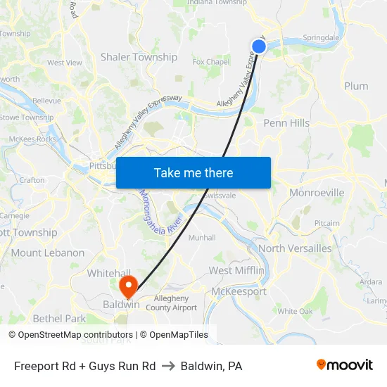 Freeport Rd + Guys Run Rd to Baldwin, PA map