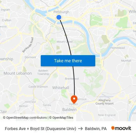 Forbes Ave + Boyd St (Duquesne Univ) to Baldwin, PA map