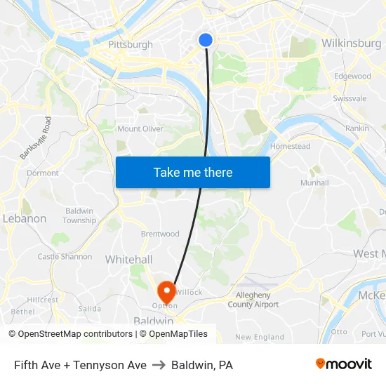 Fifth Ave + Tennyson Ave to Baldwin, PA map