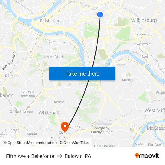 Fifth Ave + Bellefonte to Baldwin, PA map