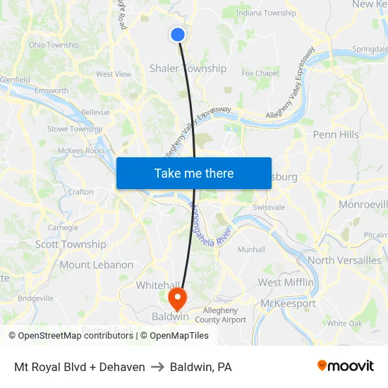 Mt Royal Blvd + Dehaven to Baldwin, PA map