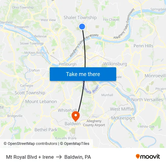 Mt Royal Blvd + Irene to Baldwin, PA map