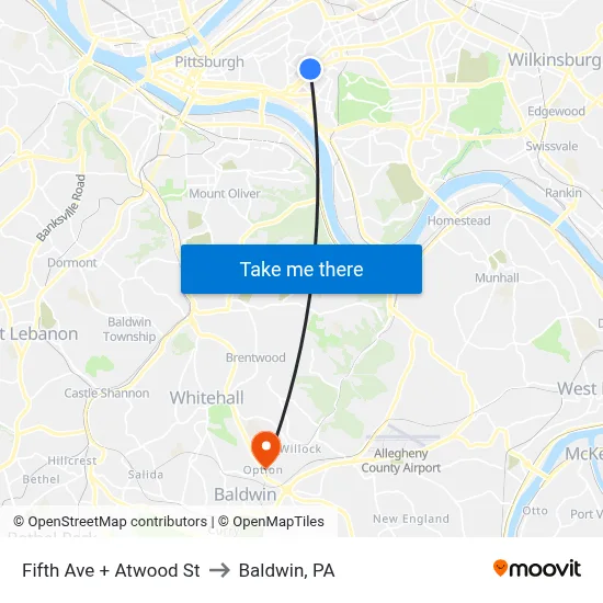 Fifth Ave + Atwood St to Baldwin, PA map