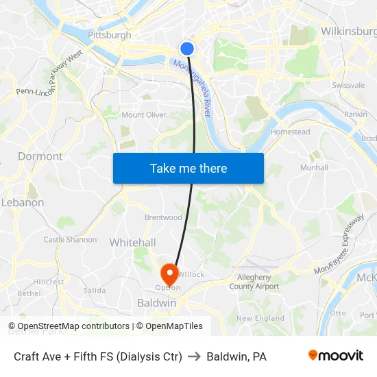 Craft Ave + Fifth FS (Dialysis Ctr) to Baldwin, PA map