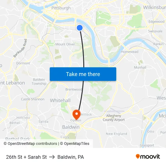 26th St + Sarah St to Baldwin, PA map