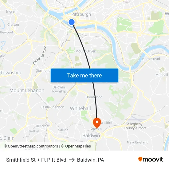 Smithfield St + Ft Pitt Blvd to Baldwin, PA map
