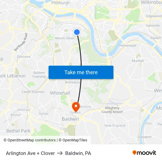 Arlington Ave + Clover to Baldwin, PA map