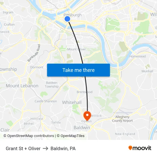 Grant St + Oliver to Baldwin, PA map