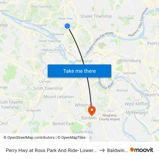 Perry Hwy at Ross Park And Ride- Lower Lot Shelter to Baldwin, PA map