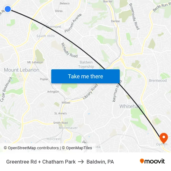 Greentree Rd + Chatham Park to Baldwin, PA map