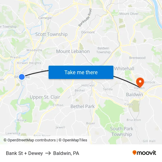 Bank St + Dewey to Baldwin, PA map