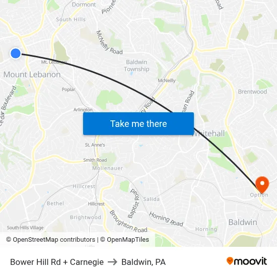 Bower Hill Rd + Carnegie to Baldwin, PA map