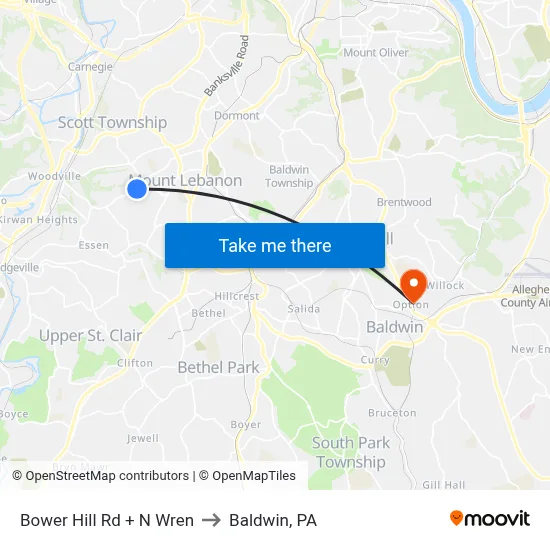 Bower Hill Rd + N Wren to Baldwin, PA map