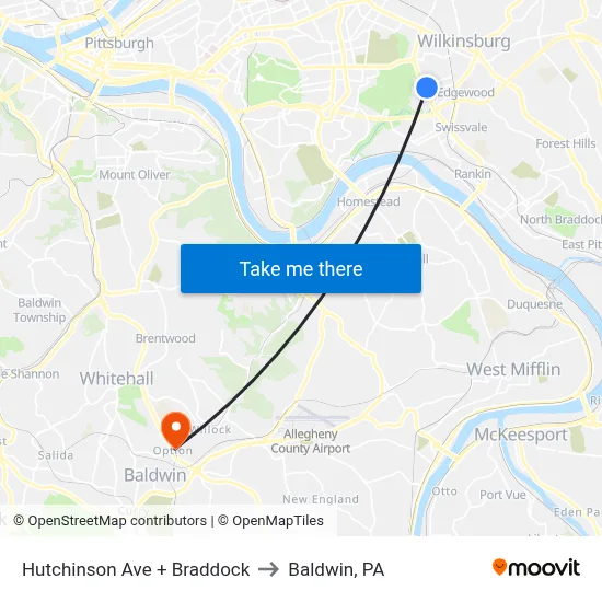 Hutchinson Ave + Braddock to Baldwin, PA map