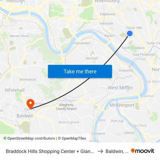 Braddock Hills Shopping Center + Giant Eagle to Baldwin, PA map