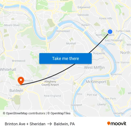 Brinton Ave + Sheridan to Baldwin, PA map