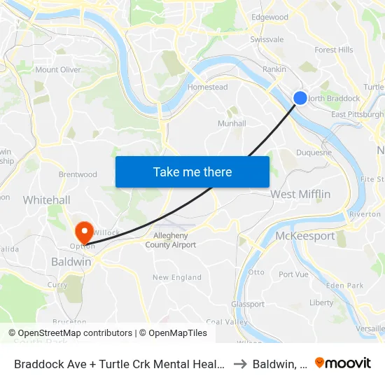 Braddock Ave + Turtle Crk Mental Health Ctr to Baldwin, PA map