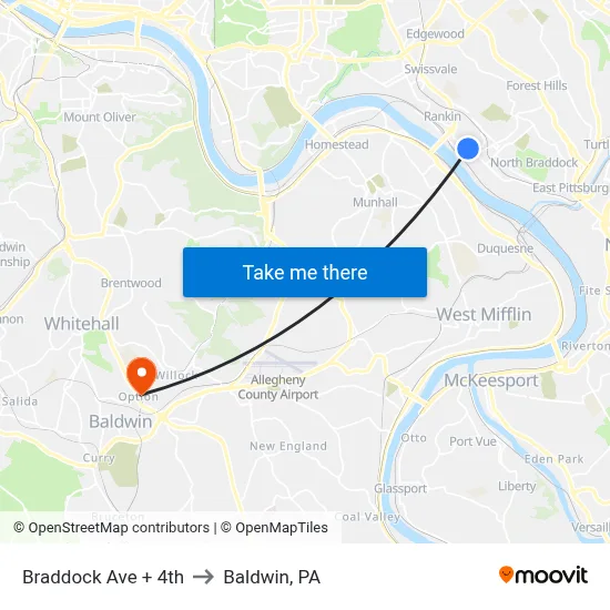 Braddock Ave + 4th to Baldwin, PA map