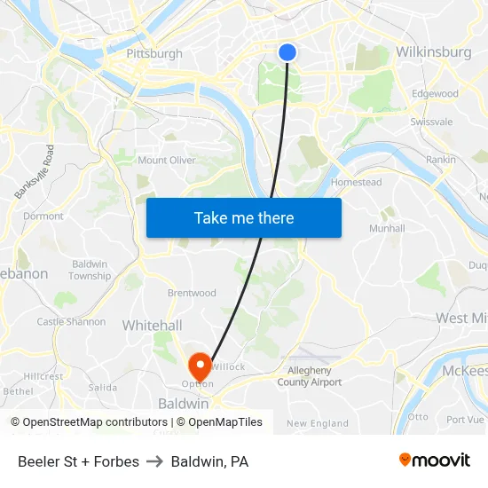 Beeler St + Forbes to Baldwin, PA map