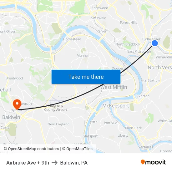Airbrake Ave + 9th to Baldwin, PA map
