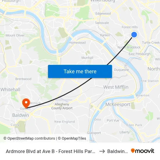 Ardmore Blvd at Ave B - Forest Hills Park And Ride to Baldwin, PA map