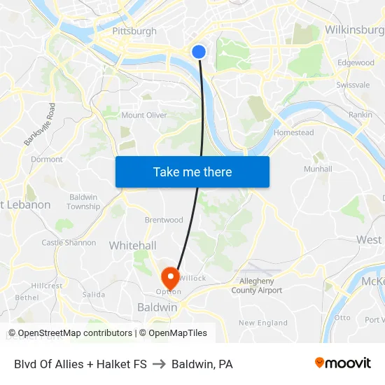 Blvd Of Allies + Halket FS to Baldwin, PA map