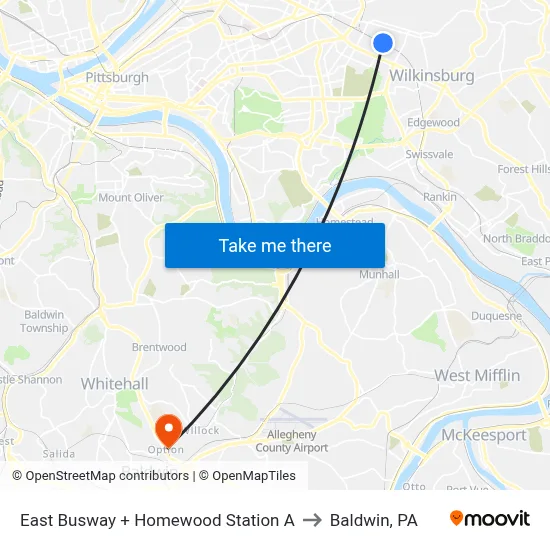 East Busway + Homewood Station A to Baldwin, PA map