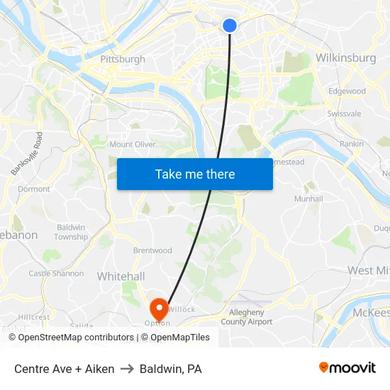 Centre Ave + Aiken to Baldwin, PA map