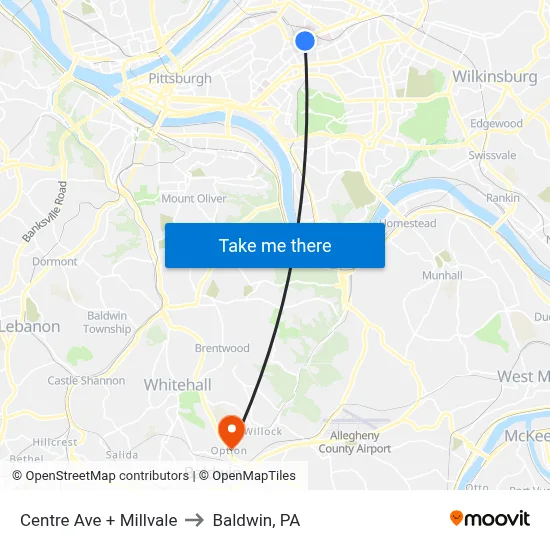Centre Ave + Millvale to Baldwin, PA map